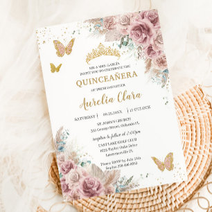 Boho Blush Dusty Rose Floral Pampas Quinceañera Einladung