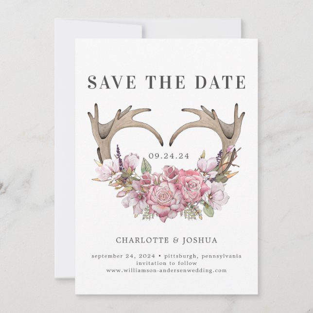 Boho Blush Floral Antlers Foto Save the Date (Vorderseite)