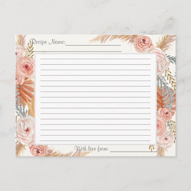 Boho Blush Floral Erthy Tropische Vegetation Rezep Postkarte (Vorderseite)