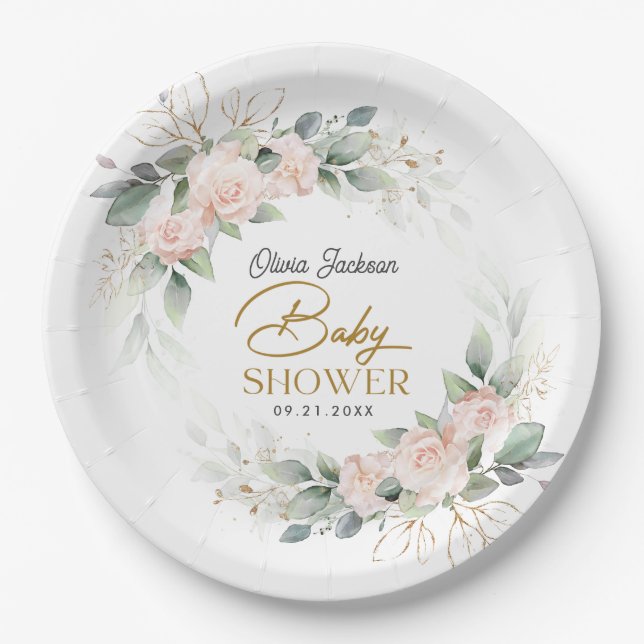 Boho Blush Floral Eucalyptus Frame Baby Dusche Pappteller (Vorderseite)
