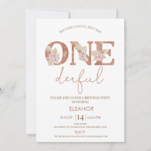 Boho Blush Floral Girls Onederful 1. Geburtstag Einladung