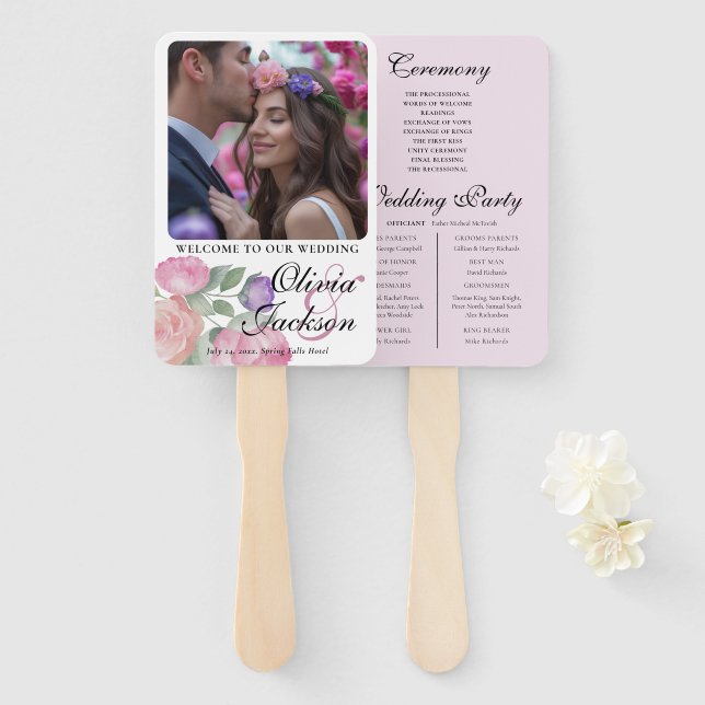 Boho Blush Floral Wedding Program Hand Fan Fächer (Vorne und Hinten)