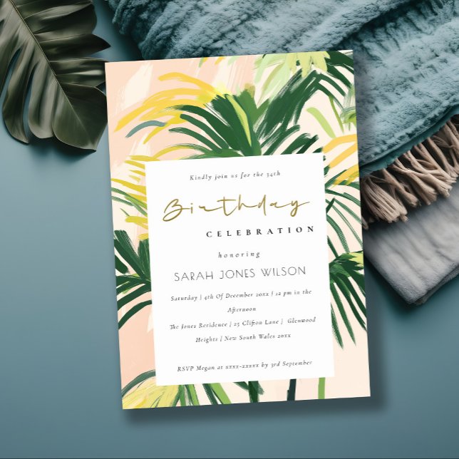 Boho Blush Green Tropical Palm Beach Birthday Invi Einladung (Von Creator hochgeladen)