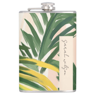 Boho Blush Green Tropical Palm Beach Blätter Flachmann