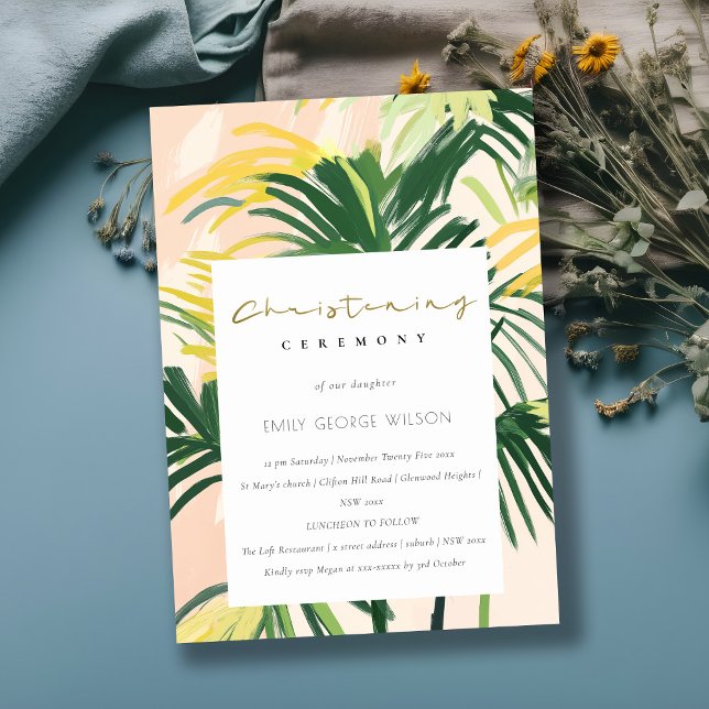 Boho Blush Green Tropical Palm Beach Christening Einladung (Von Creator hochgeladen)
