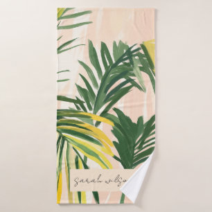 Boho Blush Green Tropical Palm Blätter Beach Badehandtuch