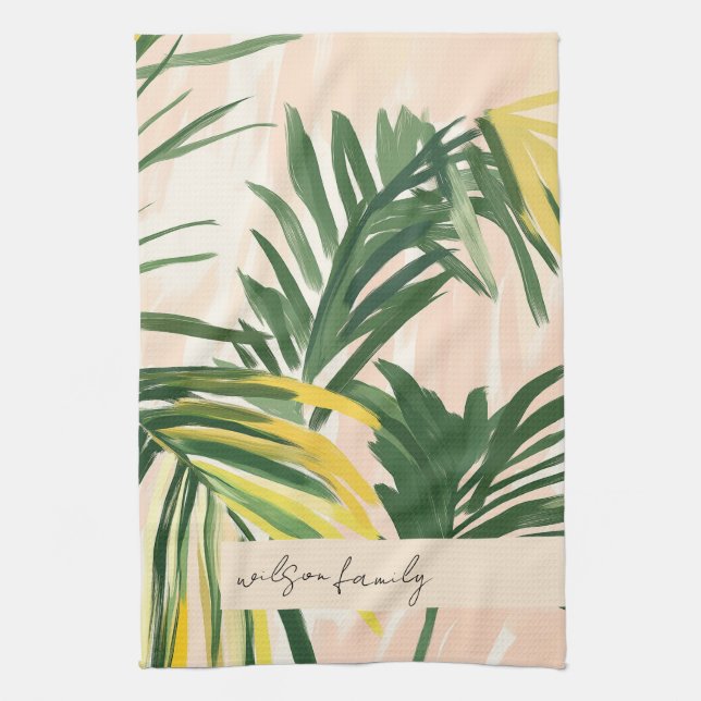 Boho Blush Green Tropical Palm Blätter Beach Geschirrtuch (Vertikal)
