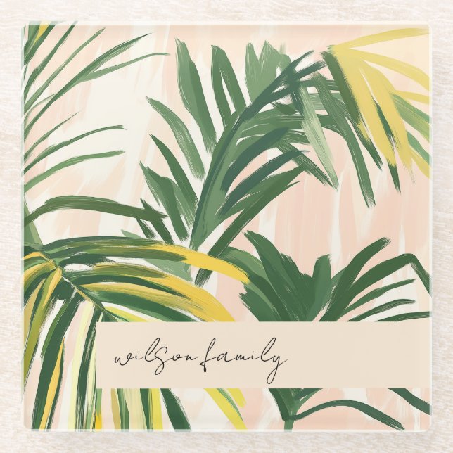 Boho Blush Green Tropical Palm Blätter Beach Glasuntersetzer (Vorderseite)
