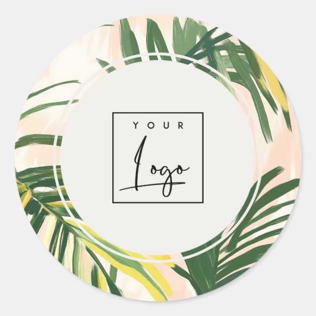 Boho Blush Green Tropical Palm Blätter Beach Logo Runder Aufkleber (Vorderseite)