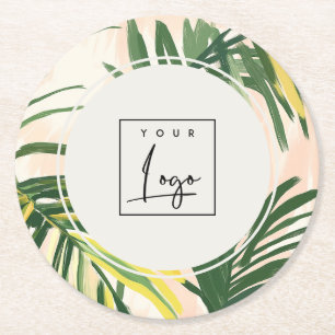 Boho Blush Green Tropical Palm Blätter Beach Logo Runder Pappuntersetzer