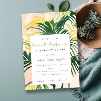 Boho Blush Green Tropical Palm Sweet 16 Geburtstag Einladung