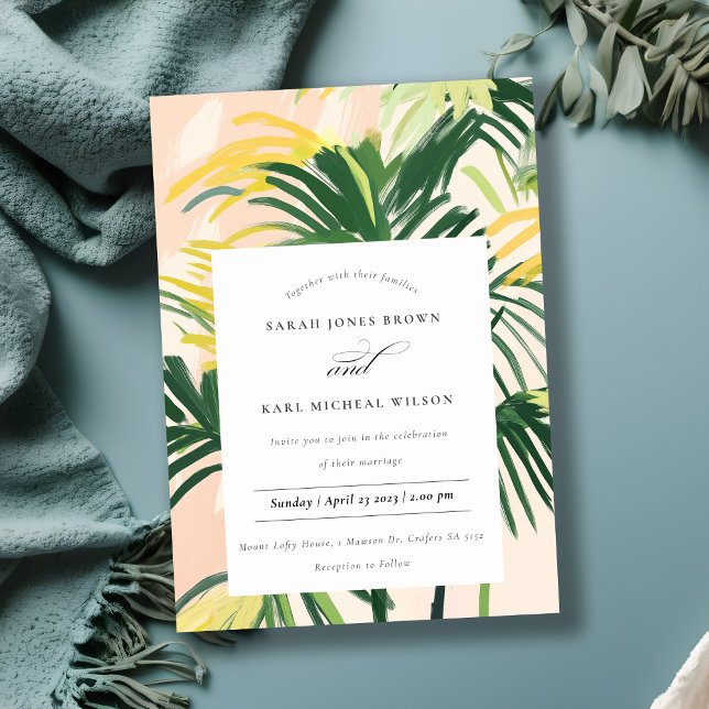 Boho Blush Green Tropical Palm Wedding Einladung (Von Creator hochgeladen)