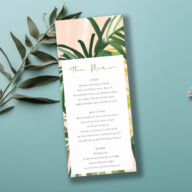 Boho Blush Green Tropical Palm Wedding Menu Card Einladung (Von Creator hochgeladen)