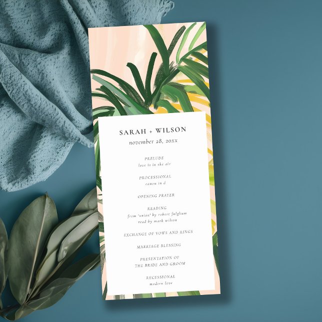Boho Blush Green Tropical Palm Wedding Program Einladung (Von Creator hochgeladen)