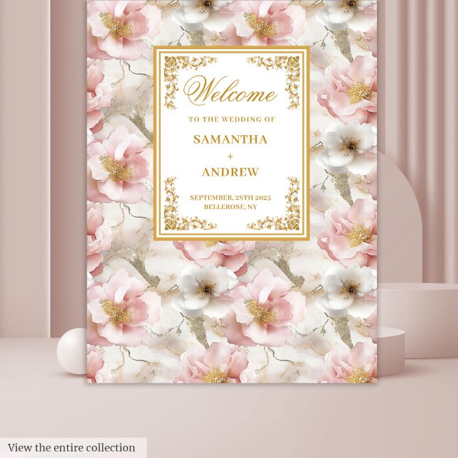 Boho Blush Ivory Gold Floral Wedding Banner Wandteppich (Boho Blush Ivory Gold Floral Wedding Banner Tapestry)