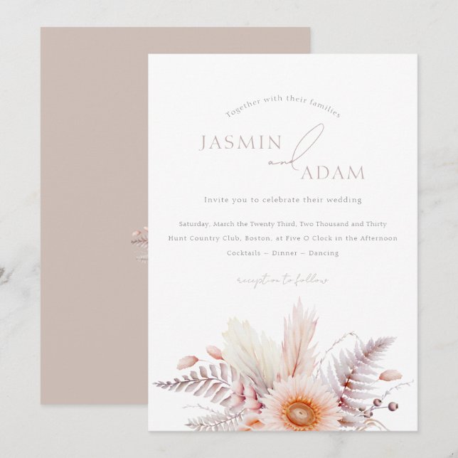 Boho-Blush-Pampas-Daisy-Hochzeit Einladung (Vorne/Hinten)