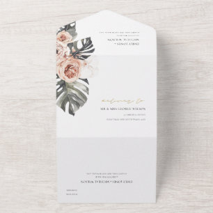 BOHO BLUSH PEACH FLORAL MONSTRERA LEAF WEDING ALL IN ONE EINLADUNG