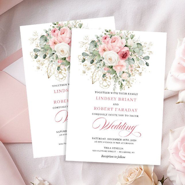 Boho-Blush-Pfingstrosen-Grün-Goldene Hochzeitskart Einladung (Boho Blush Peonies Greenery Gold Wedding Invitation

)