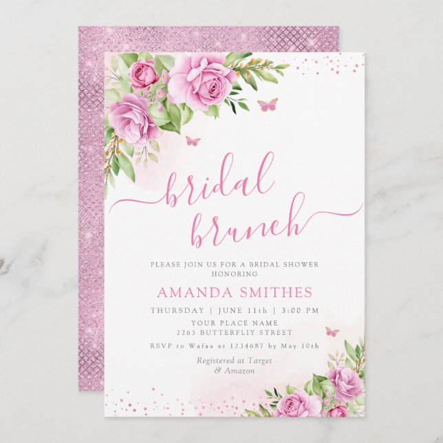 Boho Blush Pink Bloral Bridal Brunch Brautparty Einladung (Vorne/Hinten)