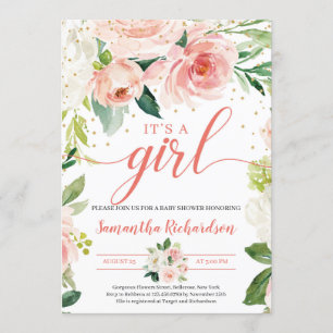Boho Blush Pink Bloral Greenery Es ist ein Mädchen Einladung