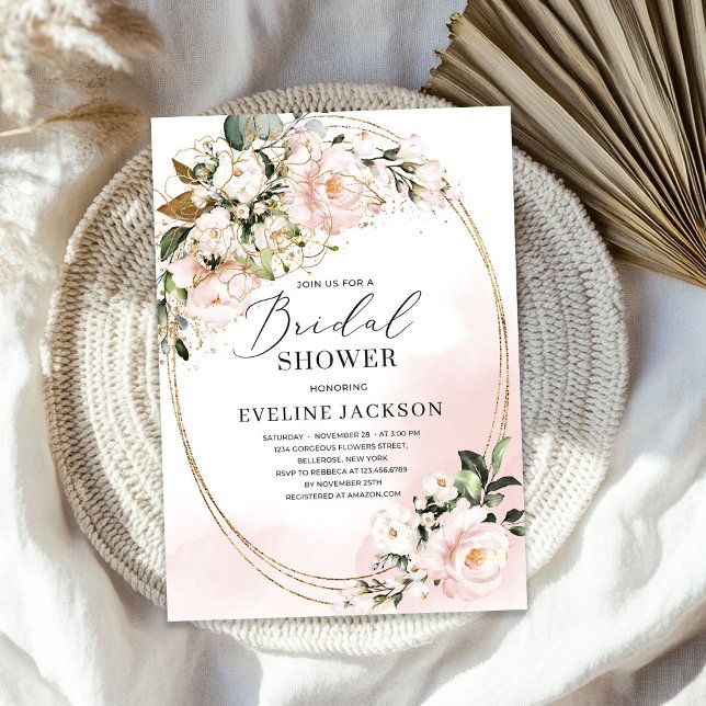 Boho Blush Pink Blume Rose Imitate goldgrün Einladung (Boho Blush Pink Flowers Roses faux gold oval green Invitation)