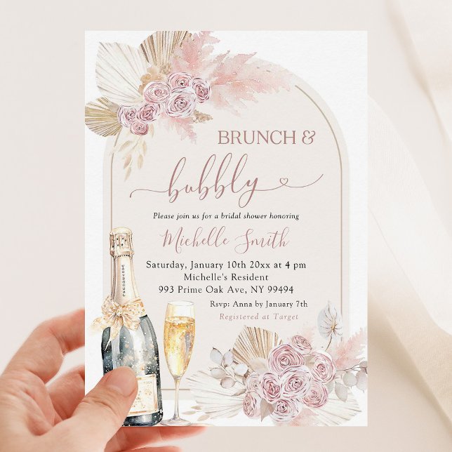 Boho Blush Pink Blumenbrunch Bubbly Brautparty Einladung (Von Creator hochgeladen)