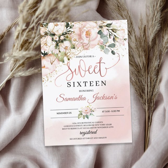 Boho blush pink blumengold Blätter 16 . Geburtstag Einladung (Boho blush pink floral gold leaves sweet sixteen invitation)
