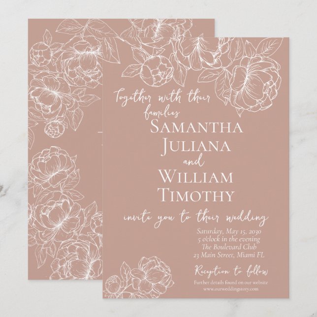 Boho Blush Pink Botanical Floral Moderne Hochzeit Einladung (Vorne/Hinten)