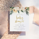 Boho Blush Pink & Brushed Gold Script Baby Dusche Einladungspostkarte<br><div class="desc">Diese böhmische Einladung enthält "Baby-Dusche" in einem gebürsteten Imitat goldene Schrift, gerahmt von Konfetti, drei rot-rosa Blume und Aquarellfolien. Ihre Details erscheinen darunter in einer eleganten Typografie. Die Rückseite dieser Postkarteneinladung wurde leer verlassen, sodass Sie eine benutzerdefinierte Nachricht schreiben und eine Adresse hinzufügen können. Dieses Design eignet sich hervorragend für...</div>