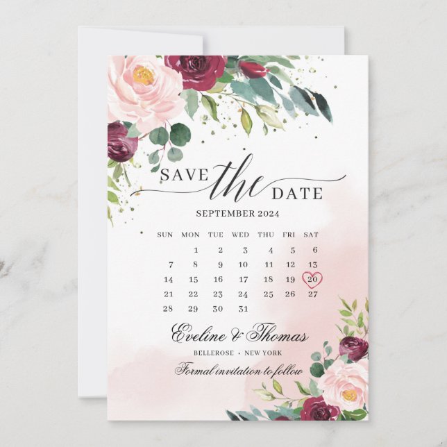 Boho blush pink burgundy Blumenkalender Save The Date (Vorderseite)