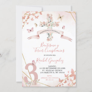 Boho Blush Pink Butterfly Taufe & 3. Geburtstag Einladung