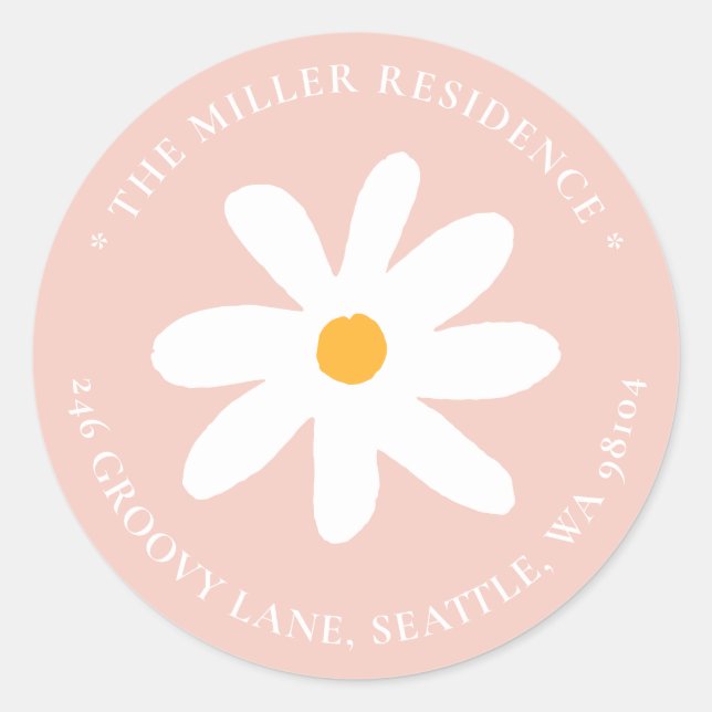 Boho Blush Pink Daisy Floral Rücksendeadresse Runder Aufkleber (Vorderseite)