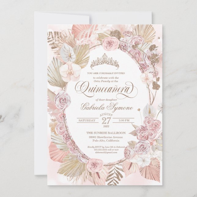 Boho Blush Pink & Driving Floral Rose Quinceanera Einladung (Vorderseite)