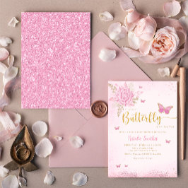 Boho Blush Pink Floral Butterfly Girl Babydusche Einladung