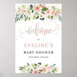 Boho blush pink floral gold sparkles welcome sign poster
