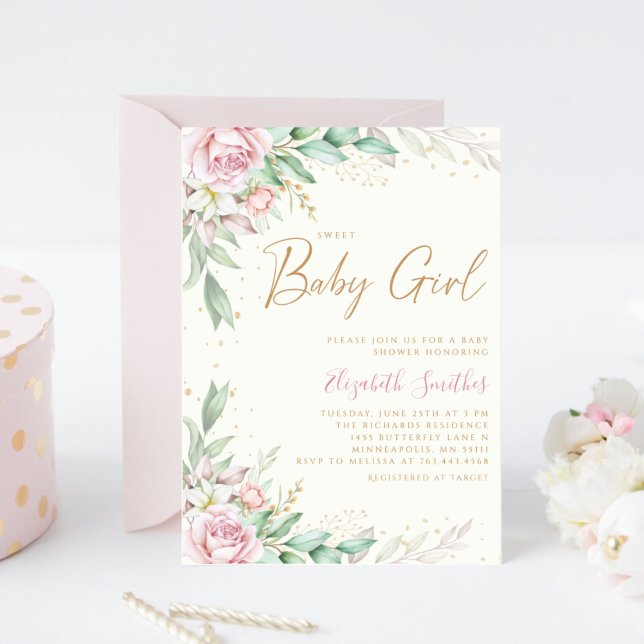 Boho Blush Pink Floral Greeney Girl Baby Dusche Einladung (Von Creator hochgeladen)