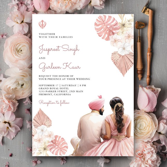 Boho Blush Pink Floral Indian Punjabi Sikh Wedding Einladung (Von Creator hochgeladen)