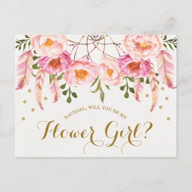 Boho Blush Pink Florals Flower Girl Vorschlag Card Postkarte (Vorderseite)