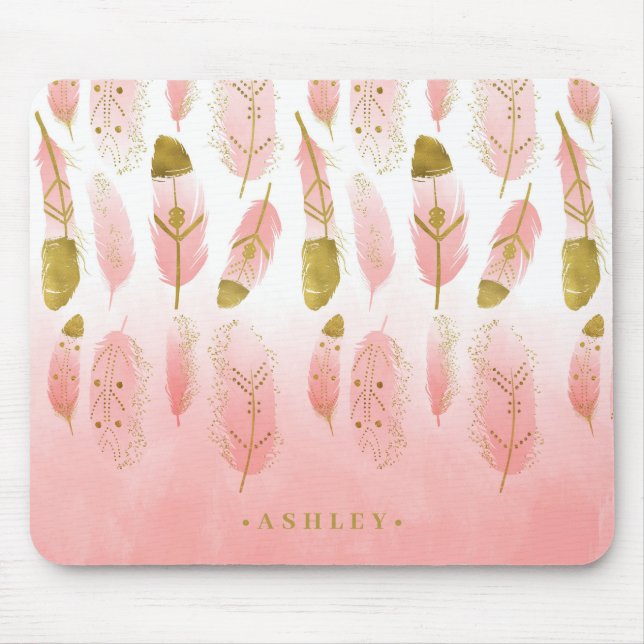 Boho Blush Pink & Gold Feathers Ombre Personalisie Mousepad (Vorne)