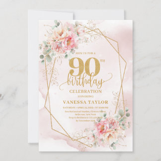 Boho Blush Pink Gold Floral 90th Birthday Invites Einladung