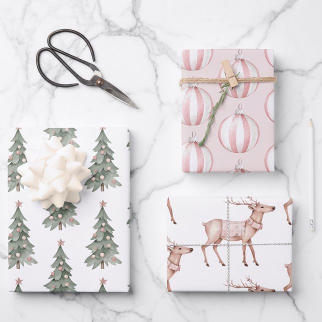 Boho Blush Pink Grüner Weihnachtsbaum Rentier Geschenkpapier Set (Vorderseite)