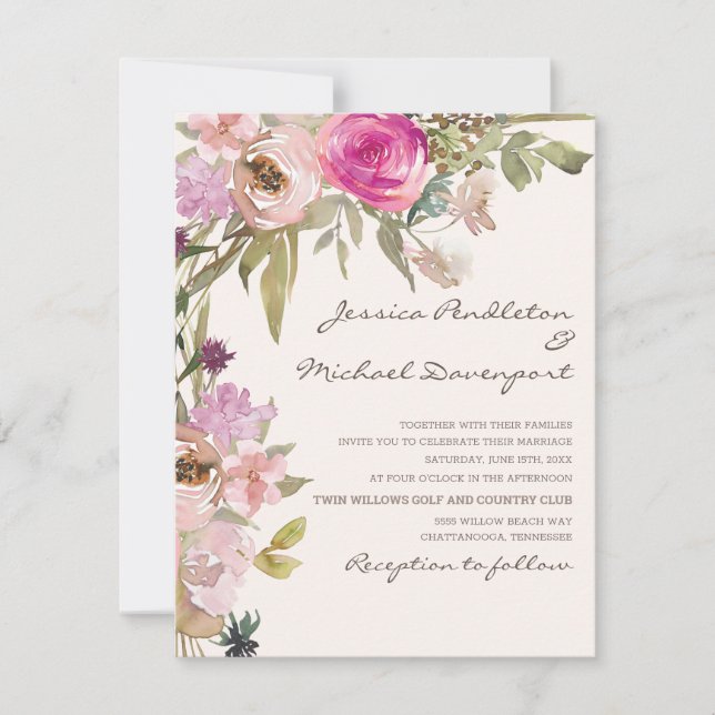 Boho Blush Pink Lavender Floral Wedding Einladung (Vorderseite)