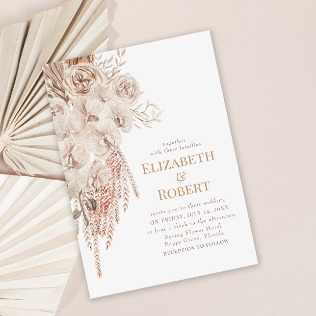 Boho Blush Pink Orchid Peonies Wedding Einladung (Boho orchid wedding invitation on dusty rose palm leaves background)