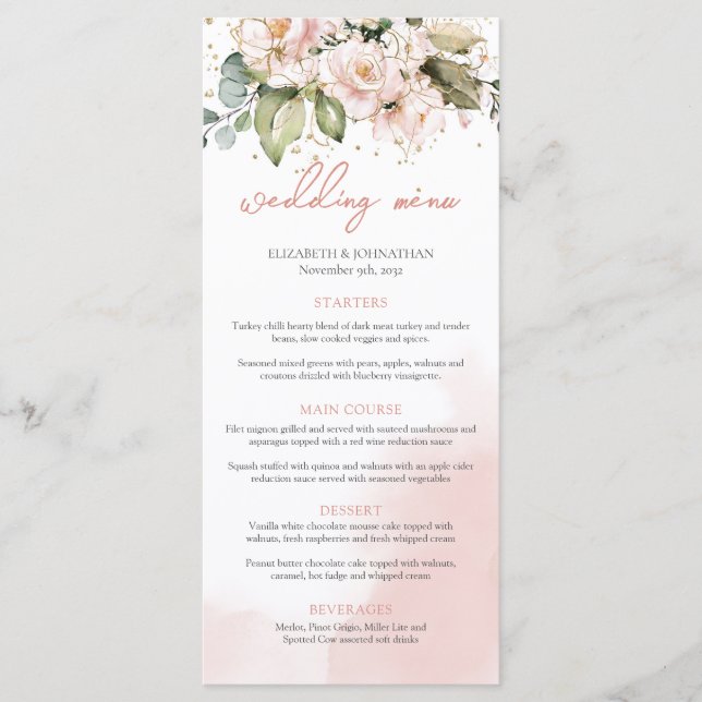Boho Blush Pink Rose Hochzeitsmenü Modernes Menükarte (Vorderseite)