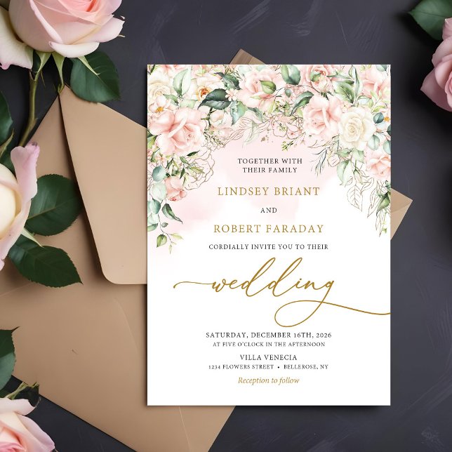Boho Blush Pink Roses Blume Romantische Hochzeit Einladung (Boho Blush pink floral eucalyptus gold wedding invitation digital )