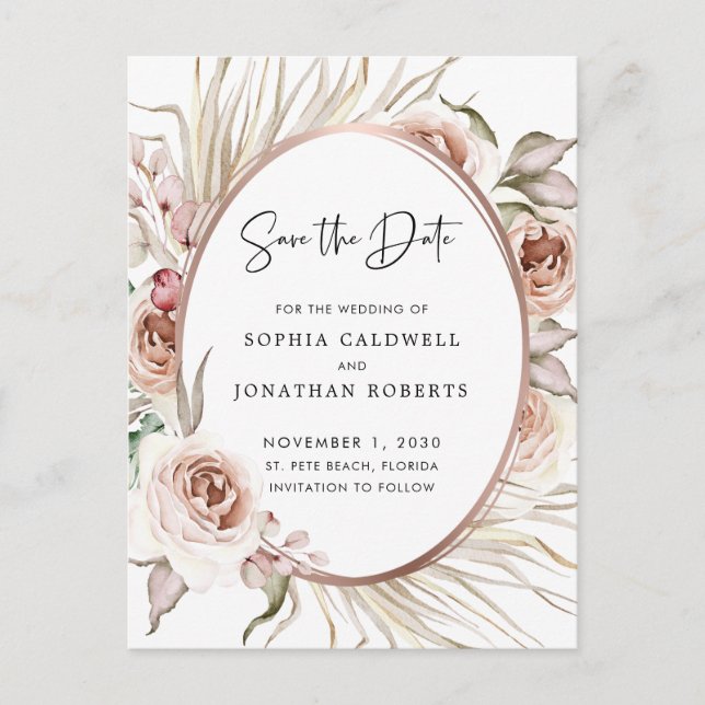 Boho Blush Pink Roses Save the Date Palm Ankündigungspostkarte (Vorderseite)