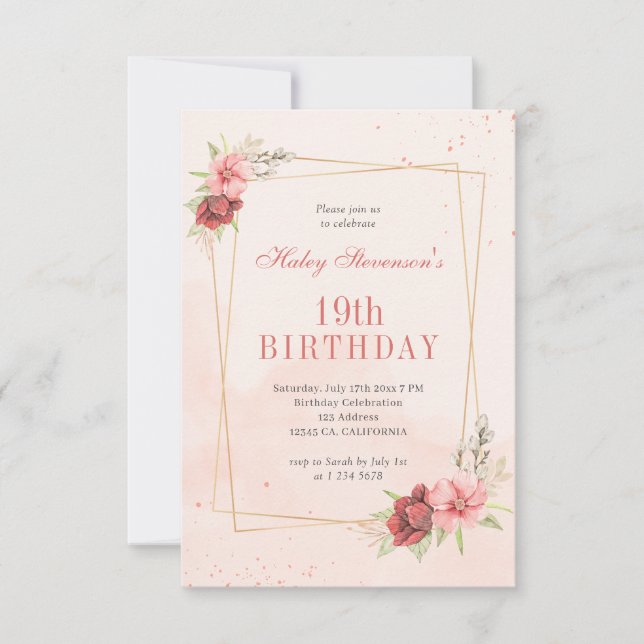 Boho Blush Pink Terracotta Floral 19. Geburtstag Einladung (Vorderseite)