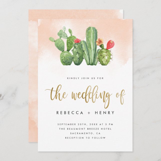 Boho Blush Pink Watercolor & Cactus Wedding Einladung (Vorne/Hinten)