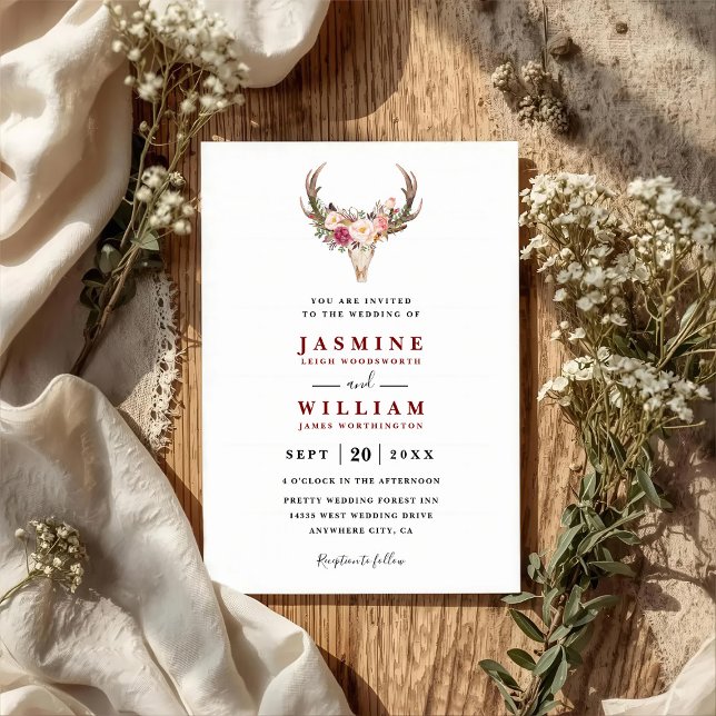 Boho Blush Red Floral Antler Skull QR Code Wedding Einladung (Von Creator hochgeladen)