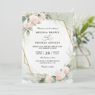 Boho-Blush-Rosa-Blumen-Grün-QR-Code-Hochzeit Einladung